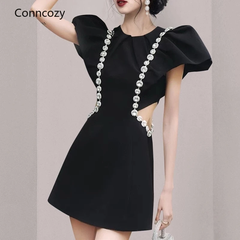 Женское винтажное платье с пышными рукавами, черное ажурное платье мини во французском стиле, вечерние платья без бретелек со стразами, лет...