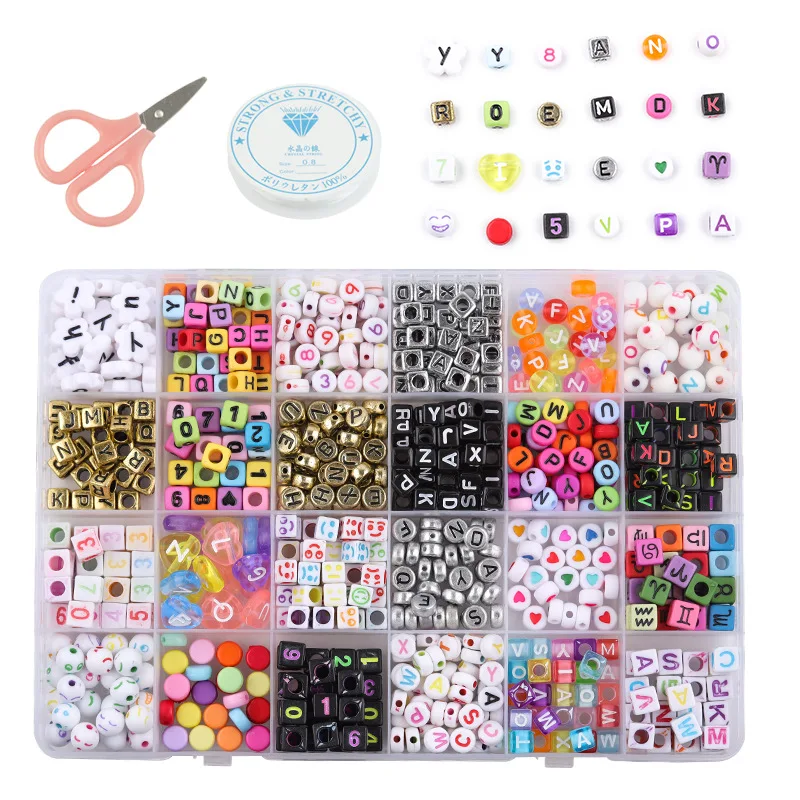 

Акриловые бусины с буквами в 24 ячейки в коробке, Набор цветных бусин с буквами для рукоделия, изготовления ювелирных изделий, поделок, брасл...