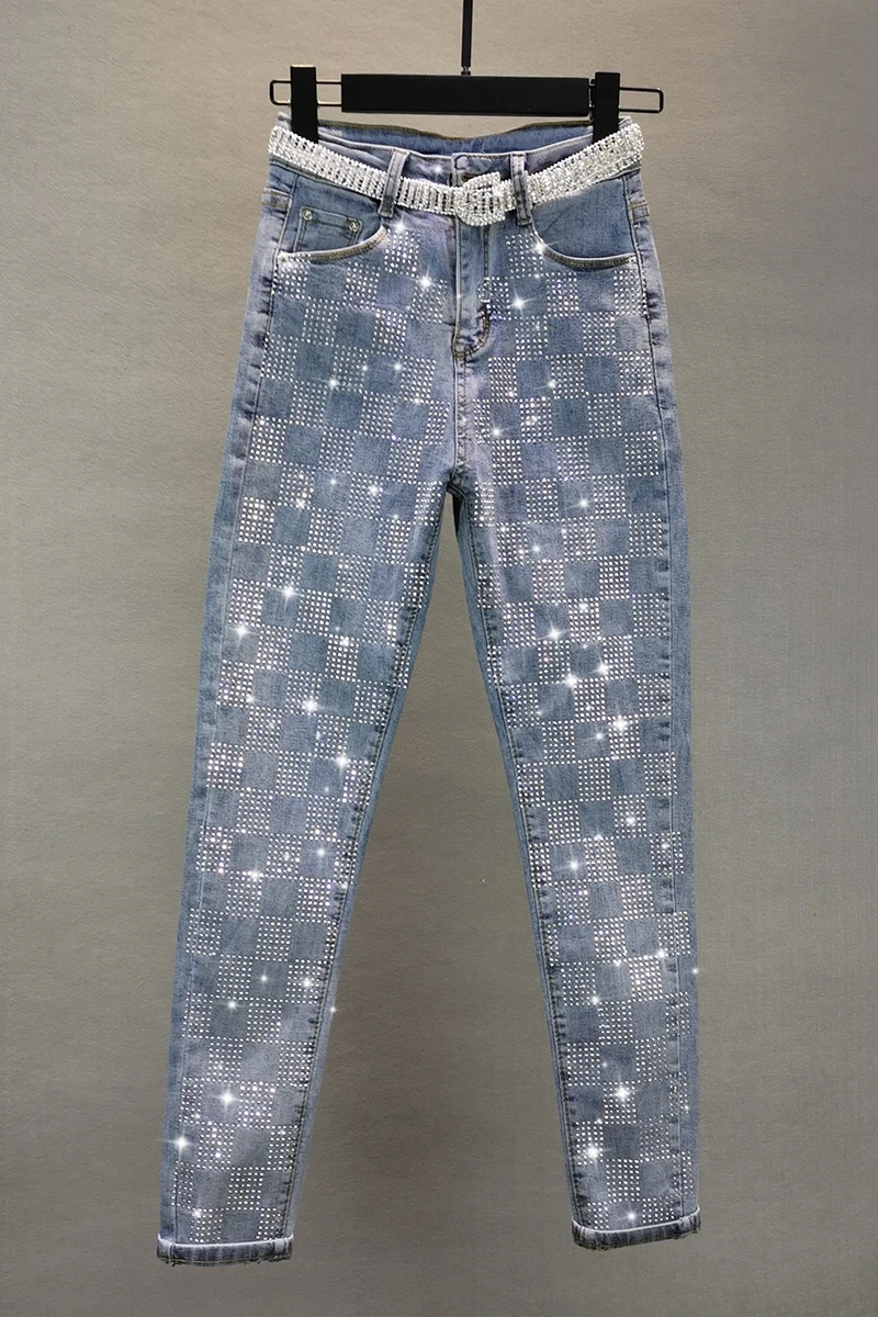 

Jeans for Women 2021 Spring European Heavy Industry Plaid Rhinestone Slim Stretch Slimming Skinny Denim Pencil Pants Trousers