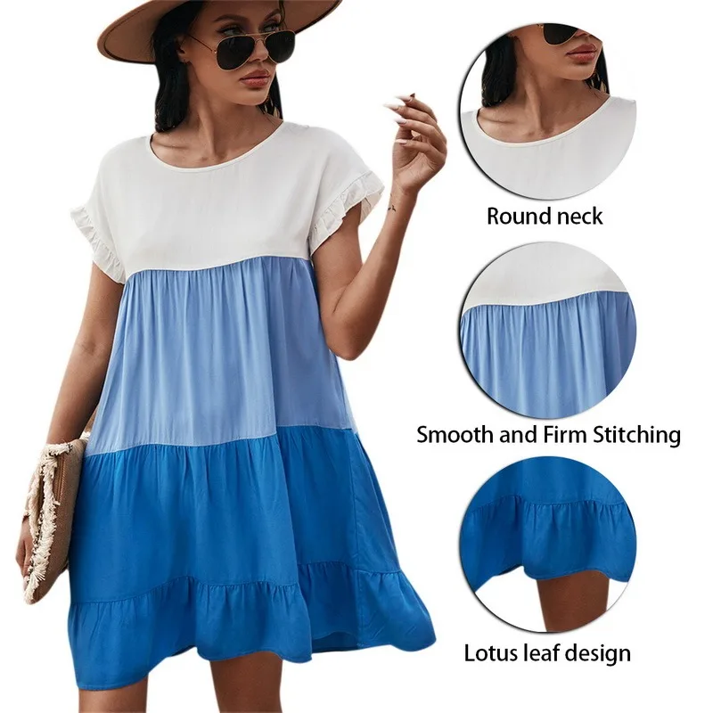

Summer vintage mini casual dresses for women 2021 Color block loose dress womens Cut And Sew Ruffle Hem Smock dress vestido