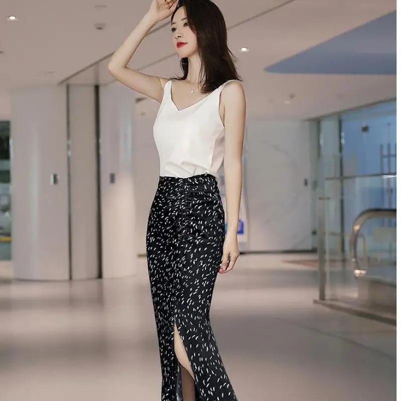 

Simple Vintage Thin Satin Skirts Women Elegant Printing High Waist Split Straight Lady Skirt Female Casual Midi Skirts Jupe