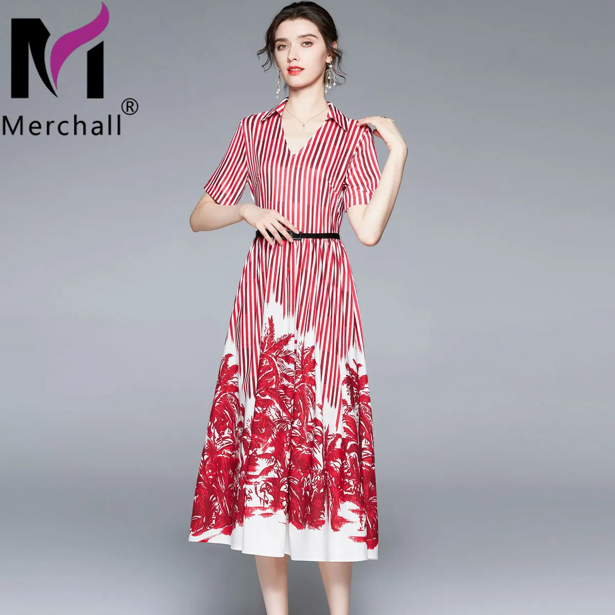 

Merchall 2021 Runway Fashion Elegant V Neck Long Dress Woman Red Flower Print Stripes Sashes Summer Holiday Maxi Dresses M77037
