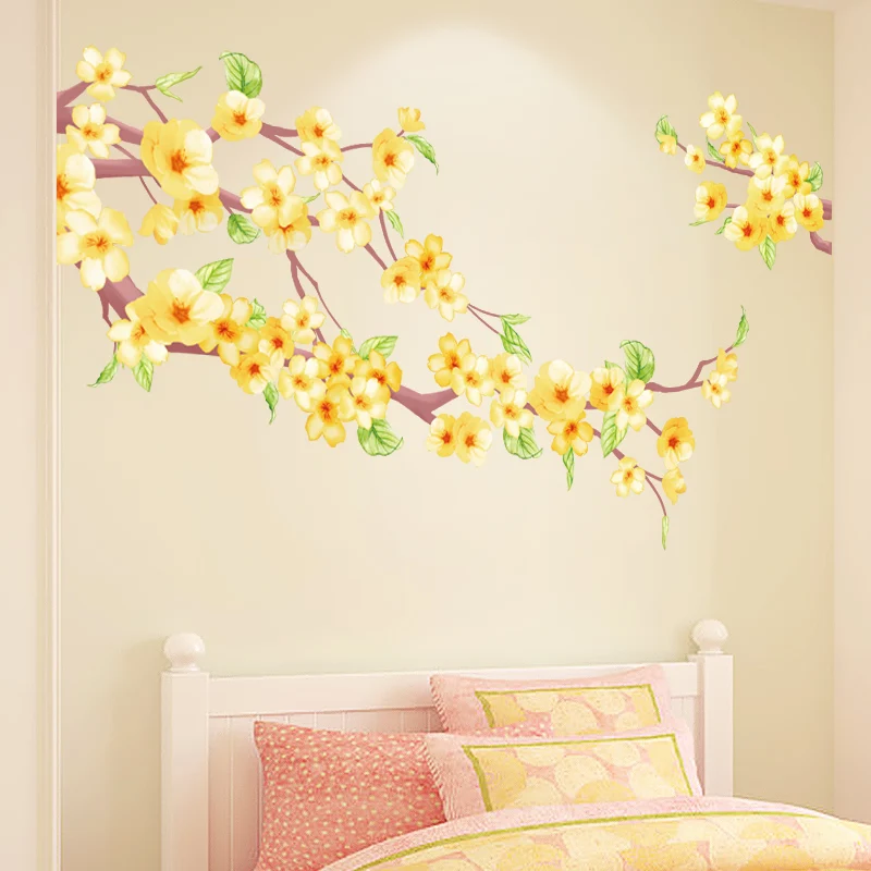 

[shijuekongjian] Yellow Flowers Plants Wall Stickers DIY Tree Branch Wall Decals for Living Room Nursery Kitchen Home Decoration