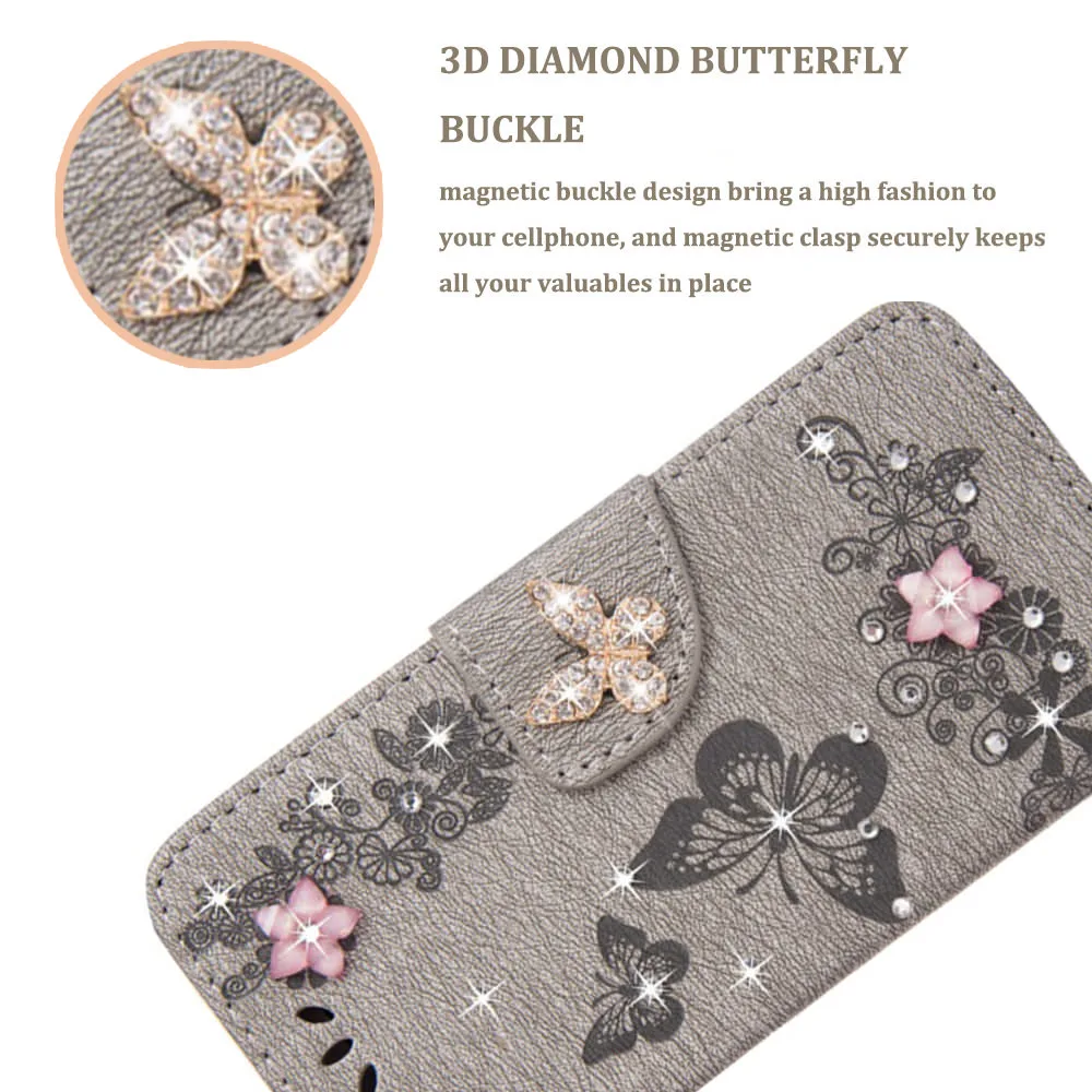 Кожаный чехол бумажник с бабочкой для IPhone 11 12 Pro Mini Xs Max Xr X 8 7 Plus 6 6s 5s 5 SE 2020 блестящий