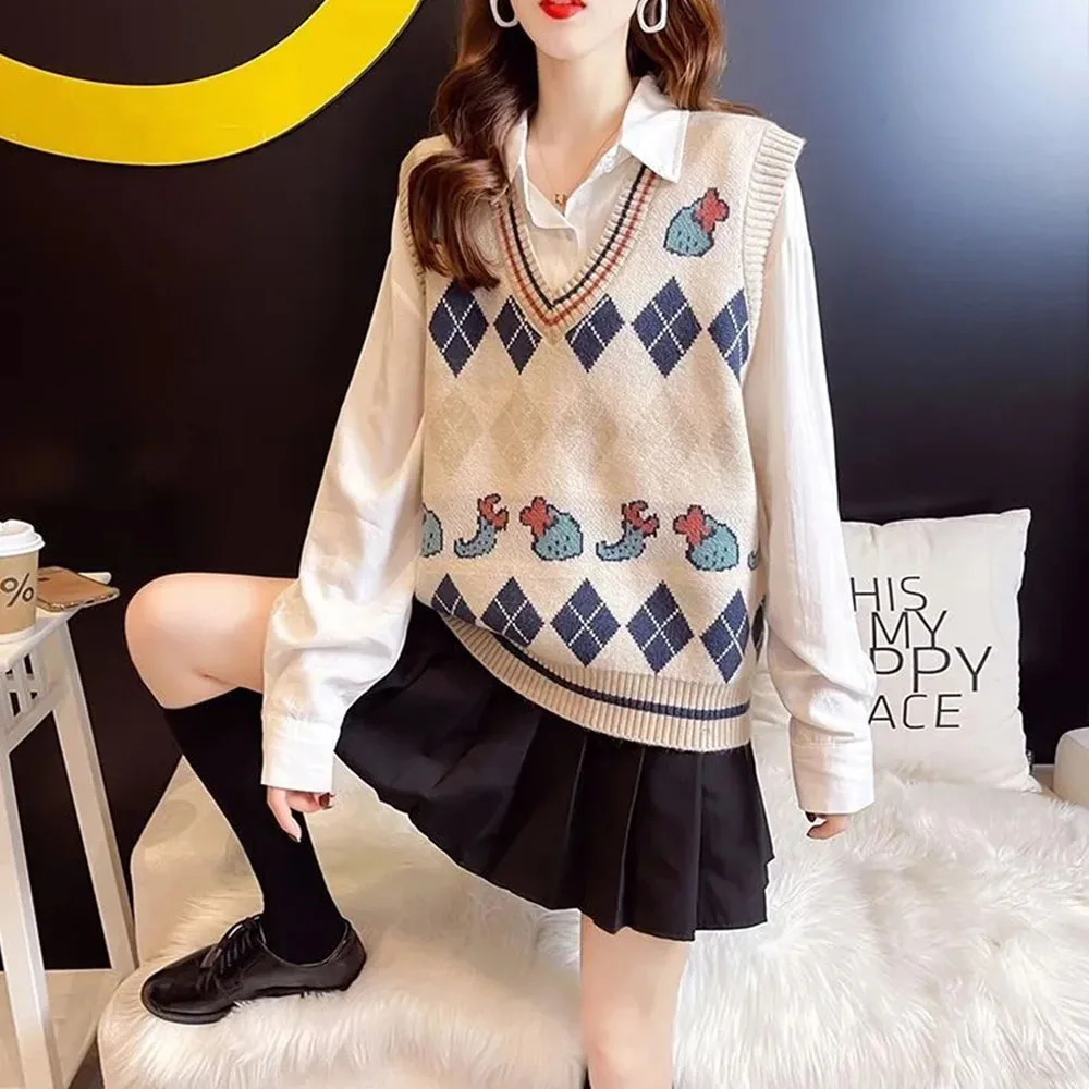 

Fall Winter New V-neck Women's Sweater Outer Wear Sleeveless Knitted Vest Jacquard Waistcoat Nationality Style All-match Pullove