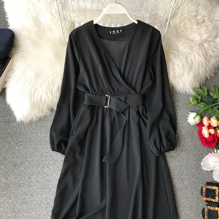 ALPHALMODA осеннее офисное женское платье с длинными рукавами и поясом, новое повседневное шифоновое платье с высокой талией и v-образным вырезом, однотонное женское платье до середины икры