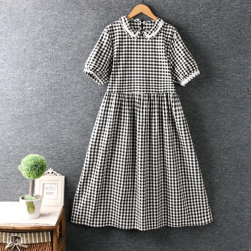 

Summer new women's dress Japan style fresh Plaid short sleeve loose dress