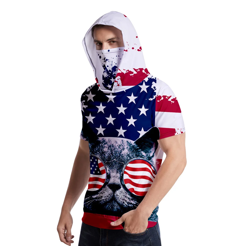 

Short Sleeve Hooded T Shirts Harajuku USA America Flag Gym Sportwear Mens 3D Seamless Headscarf Hiking Fullface Shield Mask