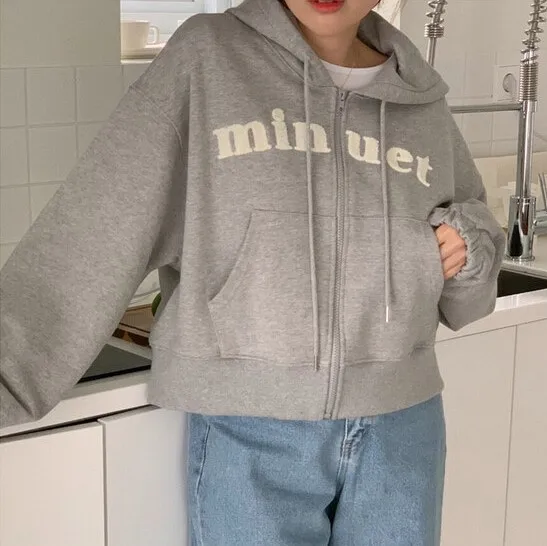 

Korean Chic Retro Casual College Style Contrast Color Letter Embroidery Zipper Short Hood Sweatshirt Cardigan Women
