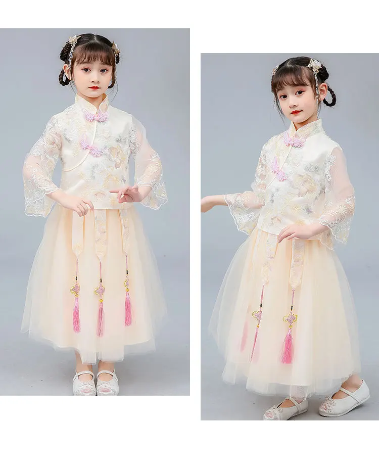 

Chinese Style Children's Clothing Hanfu Sweet Embroidery Flower Qipao Princess Dress Vintage Mandarin Collar Cheongsam Skirt