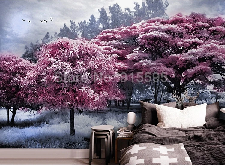 Пользовательские фотообои розовый лес большое дерево лося природа пейзаж 3D водостойкая живопись холст обои Гостиная Ресторан