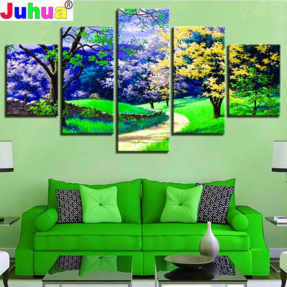 

5 Panel diamond embroidery Modern decor"Flower Tree Spring Scenery"mosaic diamond painting full square/round drill,New gift,