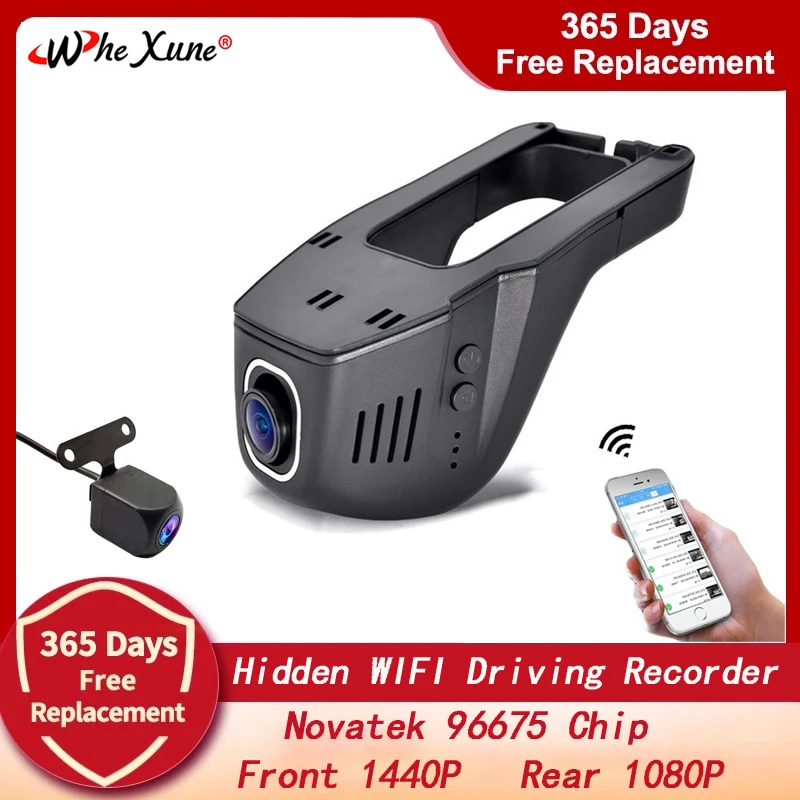 WHEXUNE Car Dvr Camera Wifi Dash Cam 2K 1440P Novatek 96675 Dual Lens Video Recorder Night Vision Surveillance Videcam Black Box