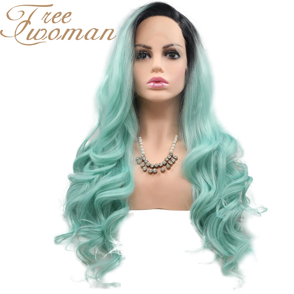 

FREEWOMAN Lace Front Ombre Green Wig 24 inch Long Wavy Red African American Synthetic Wigs For Black Women 2 Colour Cosplay Wigs