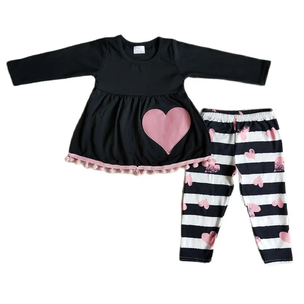 

High Quality Kids Black Tassel Blouses And Stripes Leggings Suit Girls Pink Heart Long Sleeve Outfit For Valentine's Day