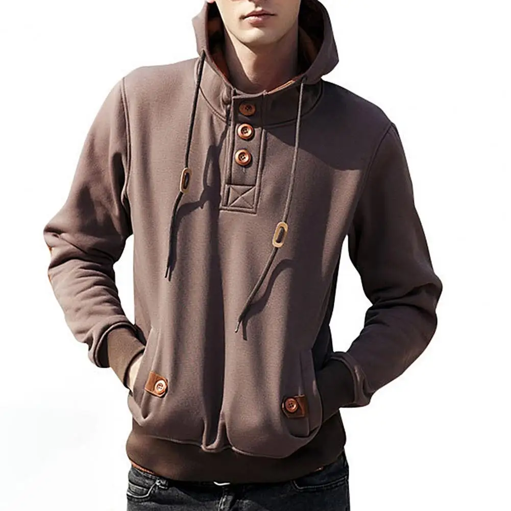 

Men Autumn Winter Loose Warm Long Sleeve Hooded Button Sport Sweatshirt Pullover