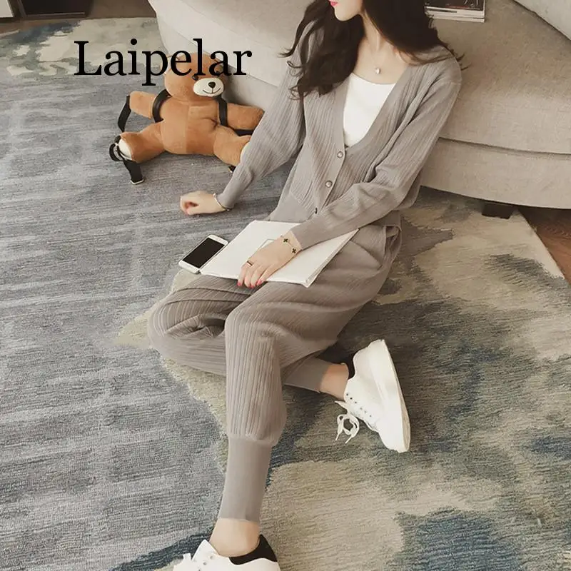 Осень зима 2020 Женский вязаный свитер брюки большого размера комплект из двух