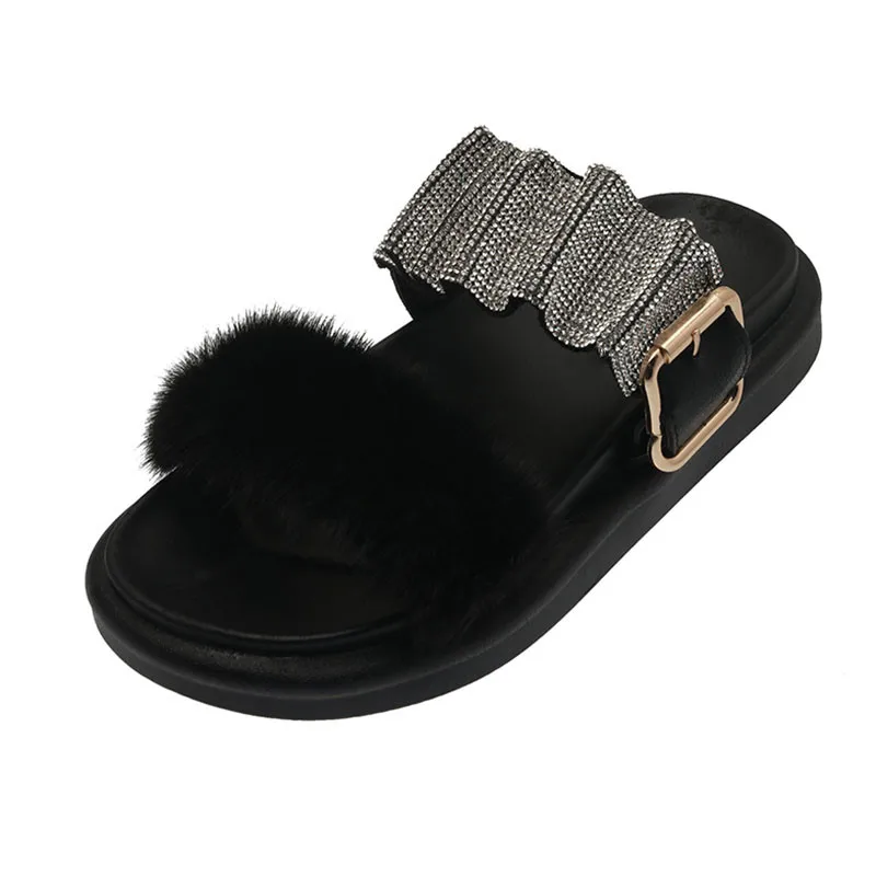 

Slippers Summer Wear Women's Fur 2021 New Mink Flip Flop Sparkling Diamond Sandals Thick Bottom Sandals