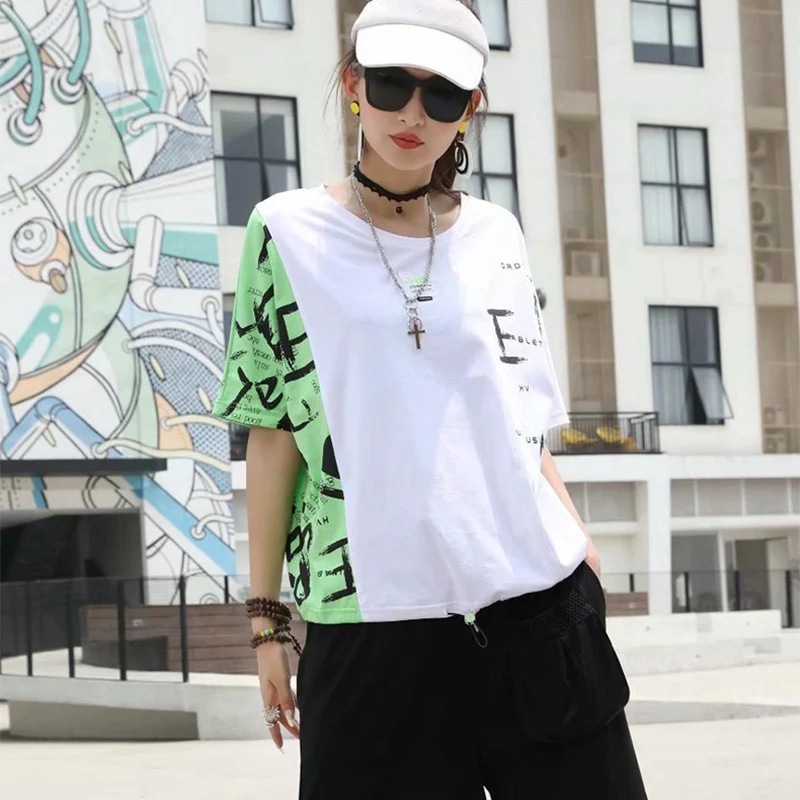 

2021 Summer Street Tshirts Mujer O Neck Color Matching Tees Letters Printed Short Sleeve String Cotton Tops Women Freeshipping