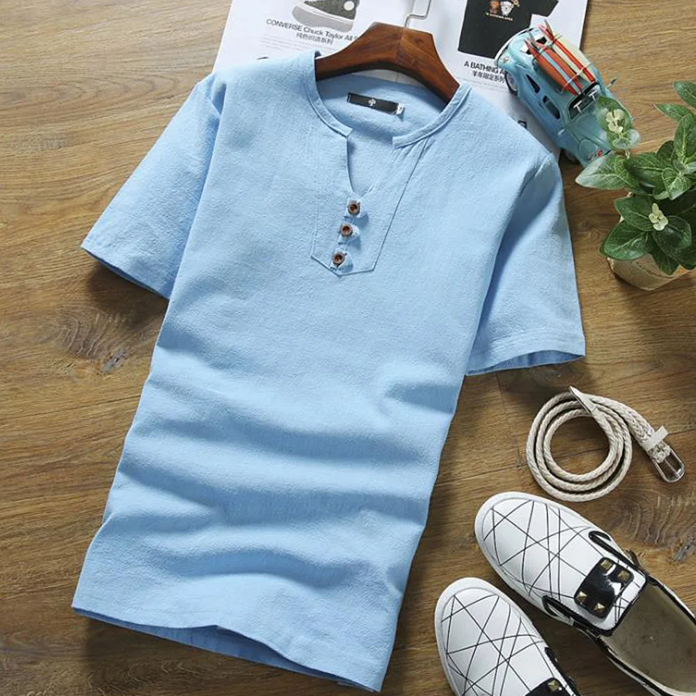 Мужская льняная летняя Однотонная футболка большого размера с коротким рукавом