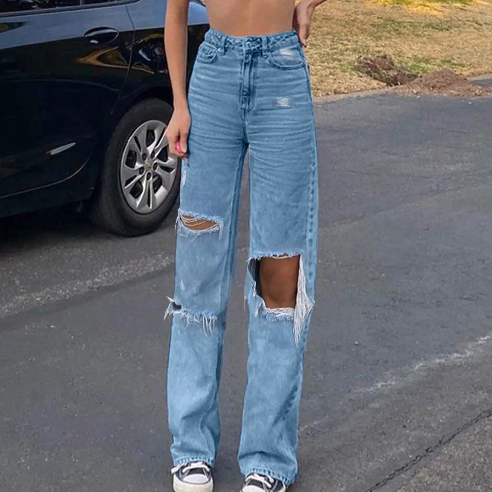 

Женские винтажные джинсы OIMG, женские джинсы с высокой талией и карманами, эластичные рваные джинсы свободного кроя