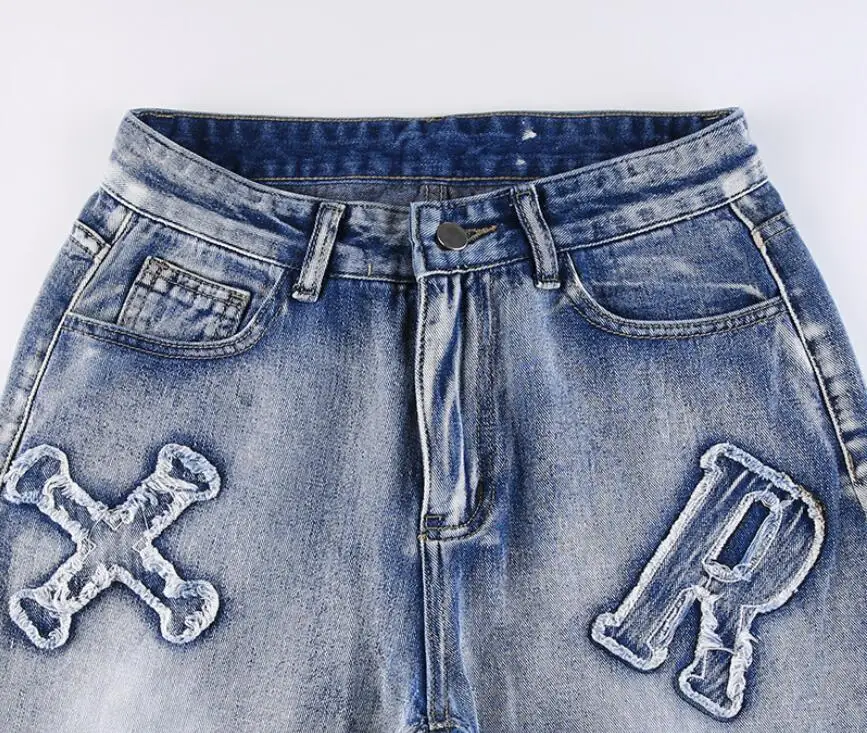 Джинсы-мешковатые с нашивками в виде букв женские джинсы высокой талией уличном
