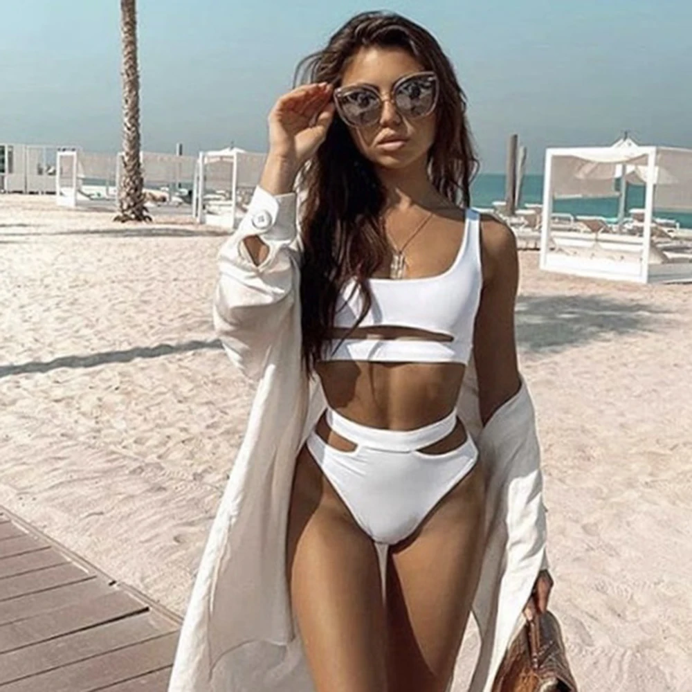 

High Quality White Bikinis High Waist Bikini Hot Sale Padded Bra Hollow Out Sexy Swimsuit Female Swimwear Women Bathing Suit