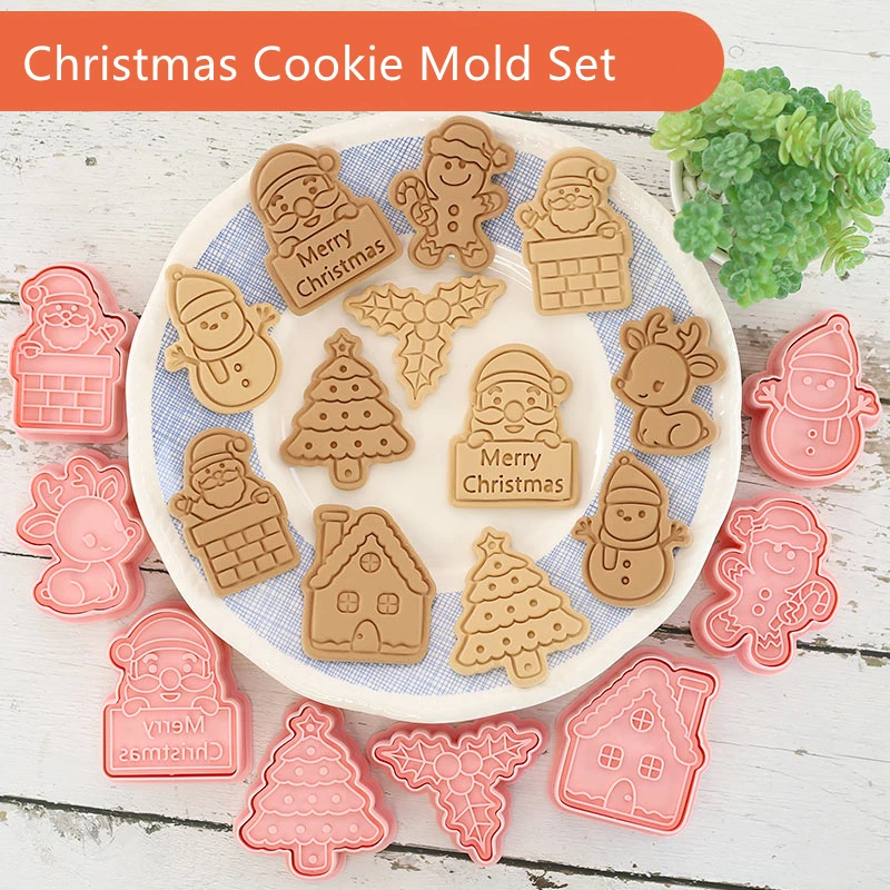 

8 Pcs/Set Christmas Tree Cookie Cutters House Snowman Mold Biscuit Fondant Pastry Gingerbread Mould Party Family Cookie Stamp