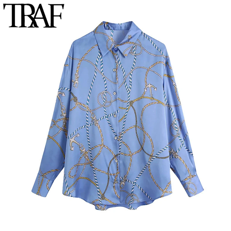 

TRAF Women Fashion Chain Print Loose Blouses Vintage Long Sleeve Button-up Female Shirts Blusas Chic Tops