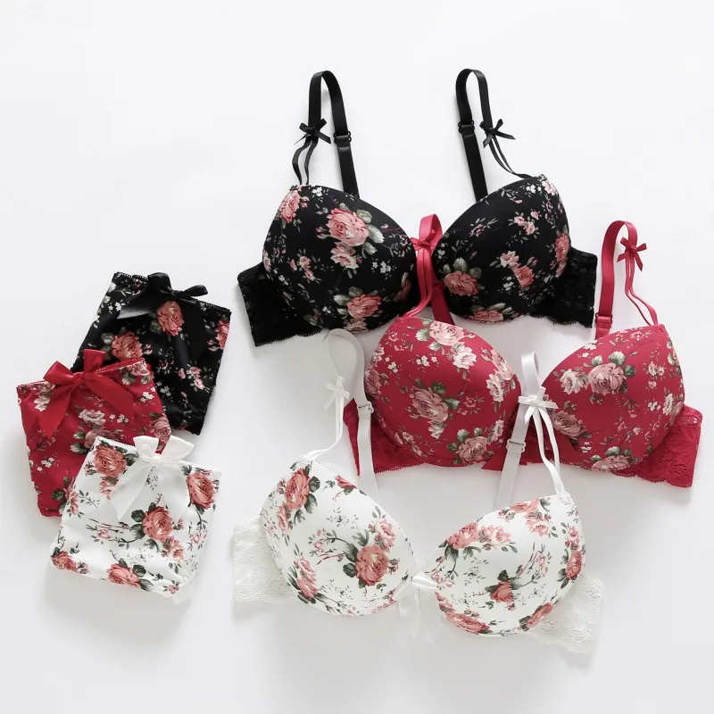 

Sexy Push Up Thin Padded Bow Bra Set Women Embroidery Lingerie Set Floral Bras Panty Suit