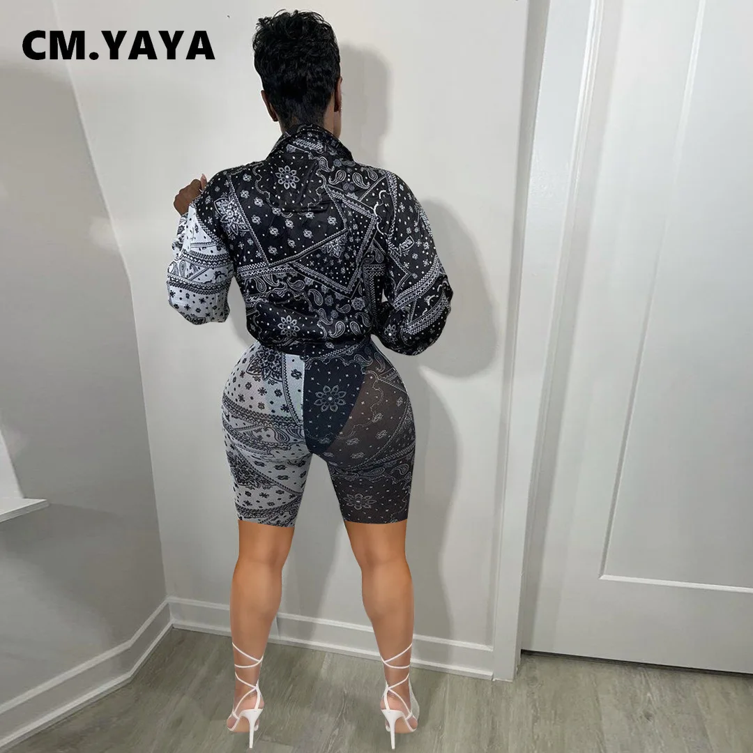 Женский комплект с принтом пейсли CM.YAYA блузка длинным рукавом и шорты из двух