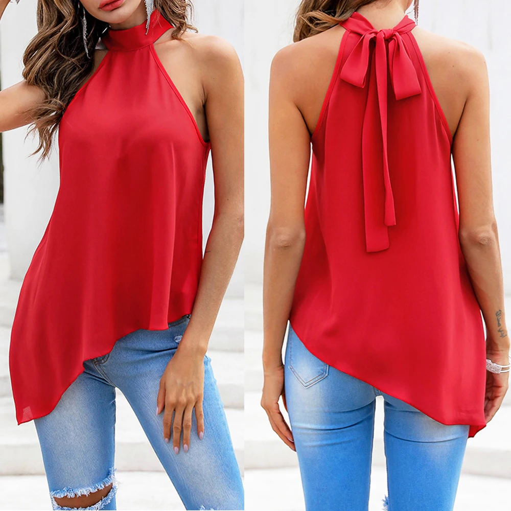 Новый женский красный с открытыми плечами жилет Летний без рукавов Секс Холтер