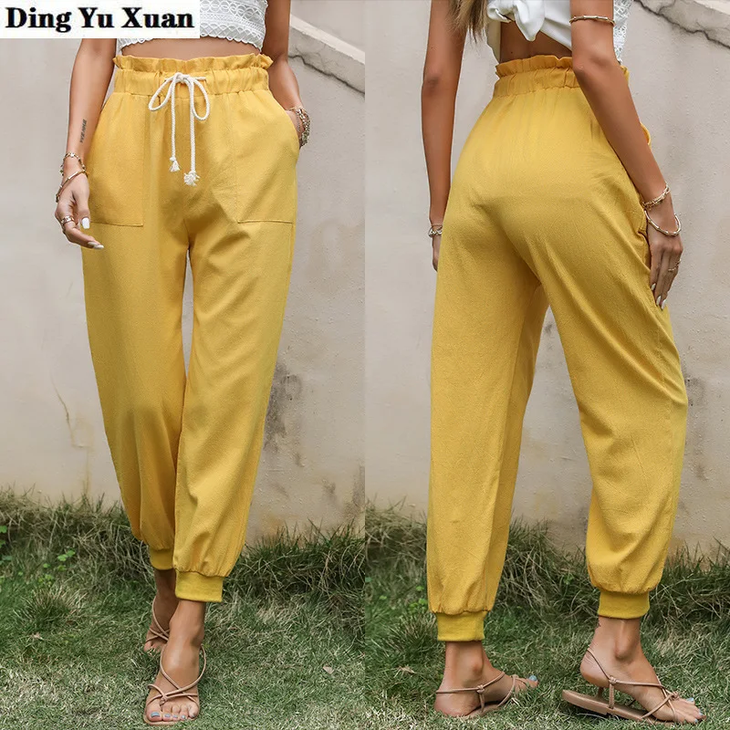 Женские желтые брюки-карандаш элегантные свободные брюки с оборками и высокой
