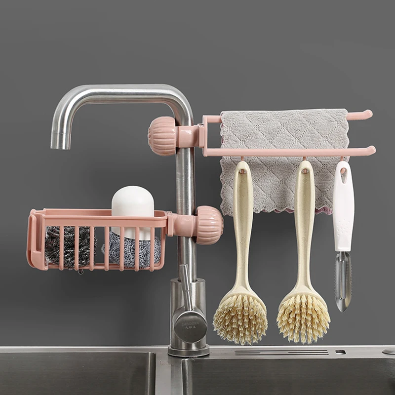 

Kitchen Faucet Storage Rack Sponge Soap Cloth Shelf Holder With Hook Drain Soap Brush Basket Organizer Kitchen Accessories