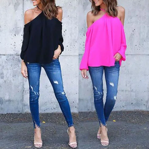 Женская летняя сексуальная шифоновая блузка с открытыми плечами и длинным