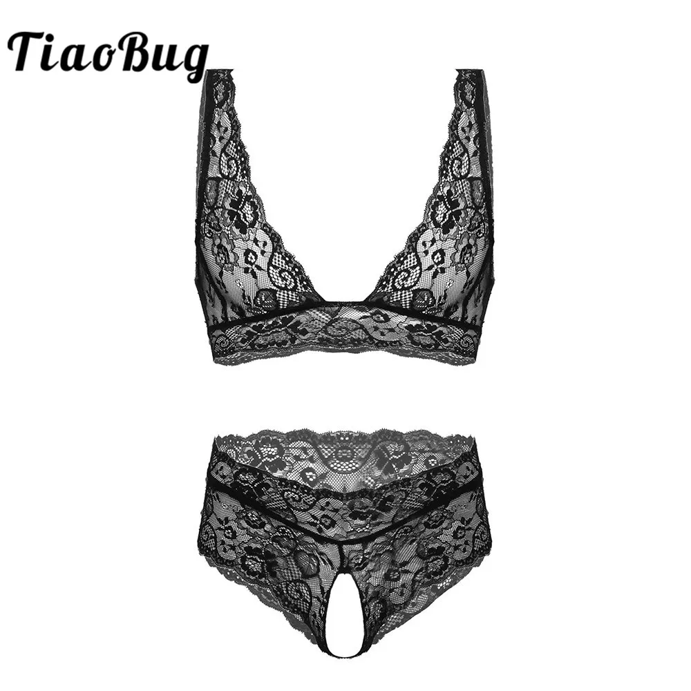 TiaoBug Мужское нижнее белье Sissy набор прозрачных кружевных бюстгальтеров с