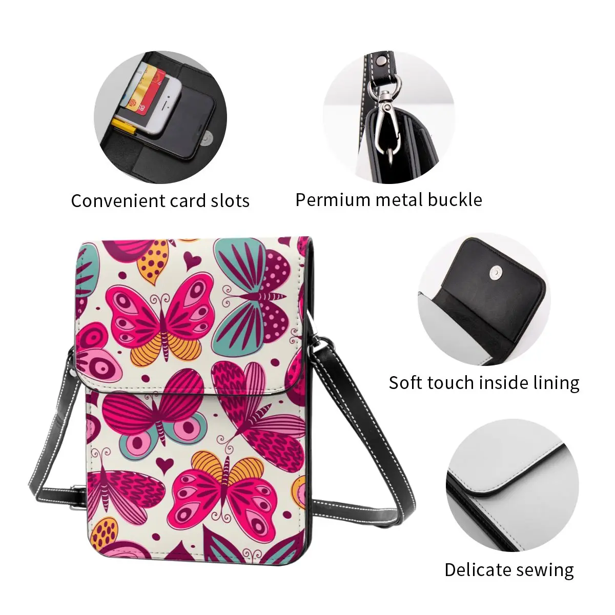 

New 2021 Women Messenger Shoulder Straps Bag Seamless With Butterflie Card Holders Cell phone Pocket Handbag Ladies Phone Purse