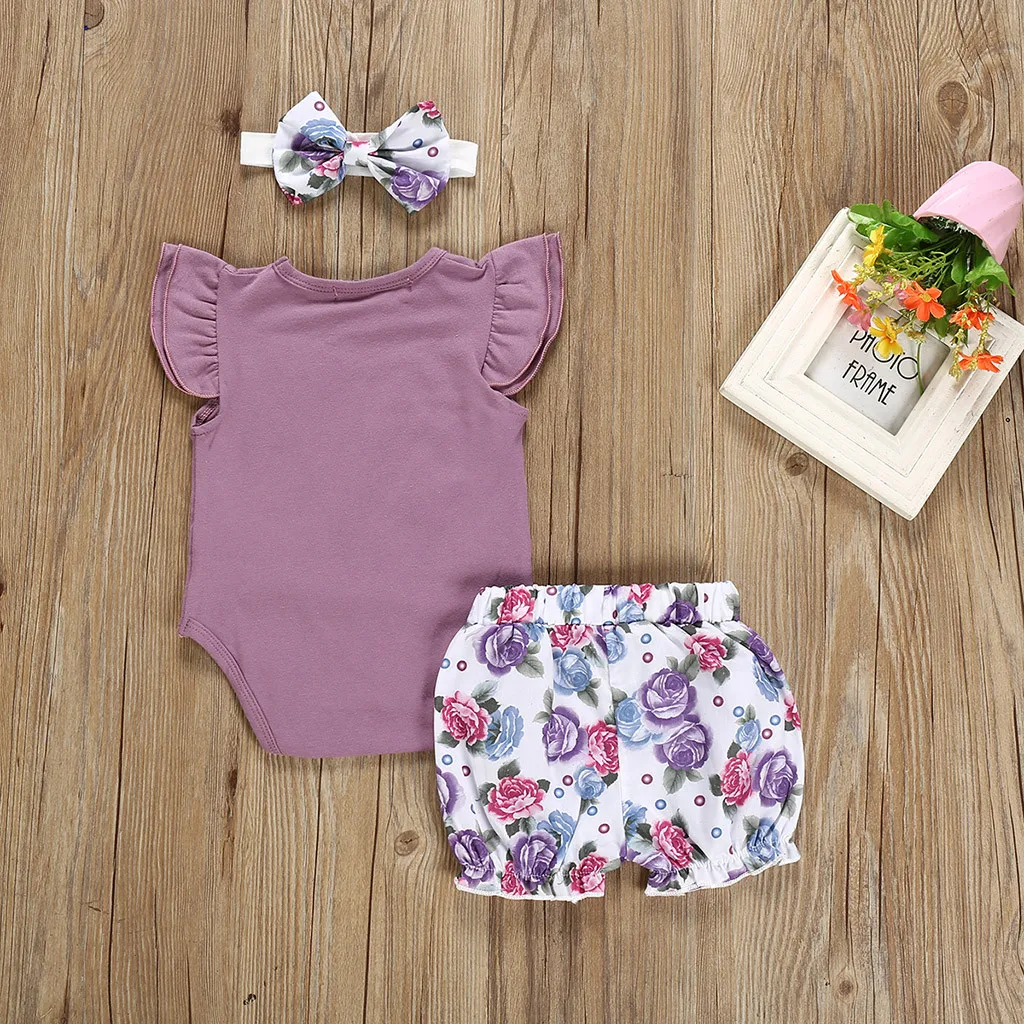 2021 new baby girl Solid Color Tops Clothing Newborn Kids Baby Girls Outfits Clothes Romper Bodysuit+Flower Printed Shorts Set | Мать и