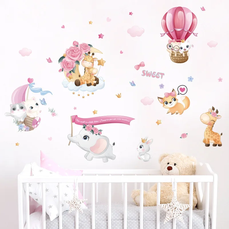 

Watercolor Cartoon SWEET Balloon Animal Wall Sticker Paste for Pink Girl Children's Room Bedroom Kindergarten Decorative