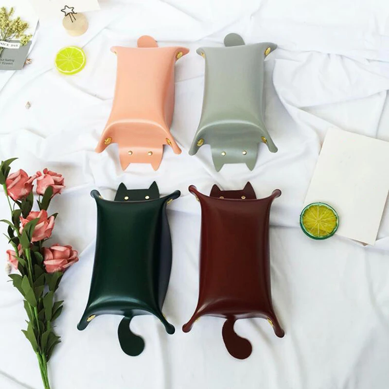 

Leather Storage Tray Portable Cat Shape Key Desktop Jewelry Box Coin Makeup Tray Household Folding Tray Storage Box
