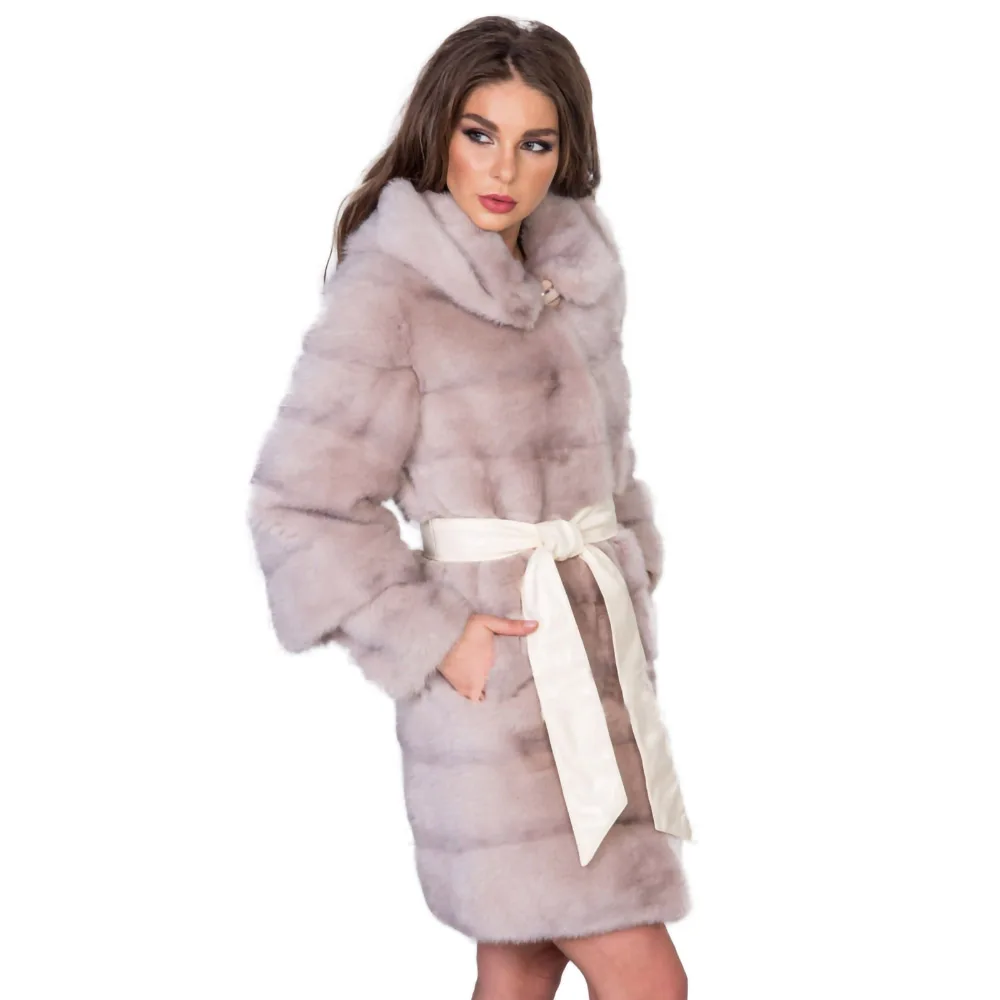 TOPFUR New Fashion Winter Female Coats With Hood Pink Real Fur Coat For Women Natural Mink Fur Outerwear & Coats With Belt