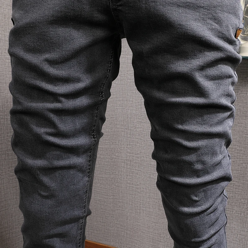 Newly Designer Fashion Men Jeans Retro Dark Gray Slim Fit Elastic Casual Denim Pencil Pants Korean Style Streetwear Trousers