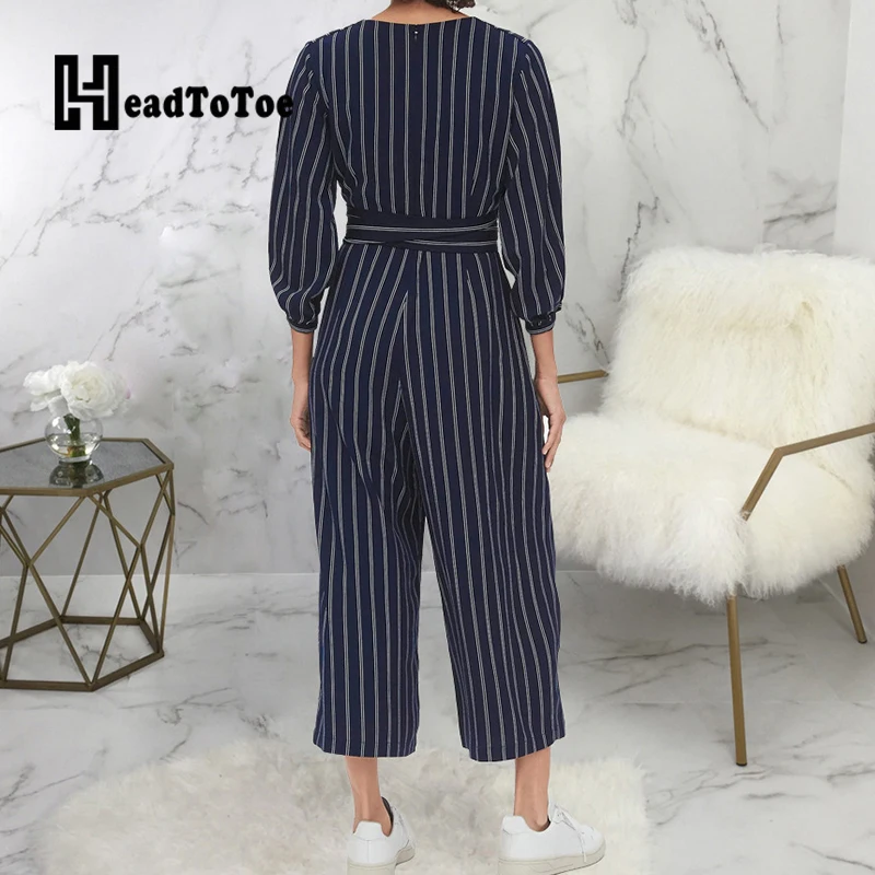 

Striped Print Sashes OL Elegant Romper Woman Full Sleeve V Neck Straight Jumpsuit Women