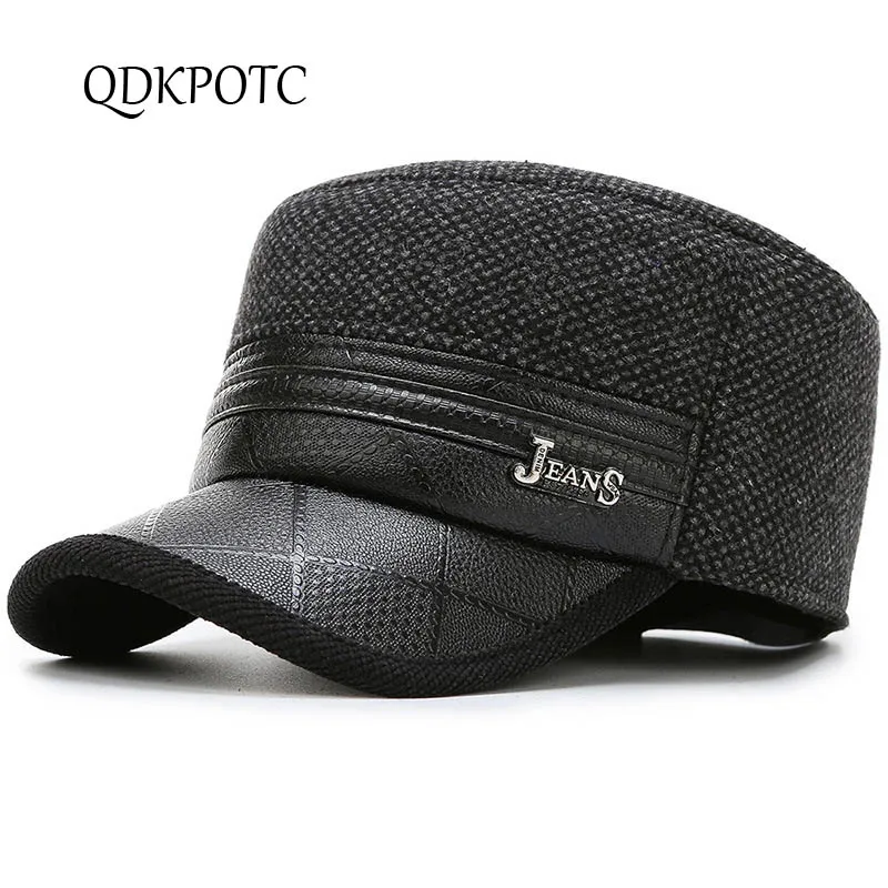 QDKPOTC осень зима новые мужские шапки сохраняющие теплые наушники армейские кепки плоская кепка наружная холодная защита папа Кепка - Цвет: Черный