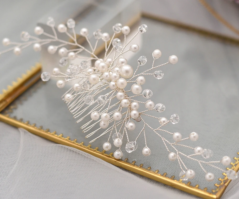 

TRiXY H341 Pearl Wedding Hair Comb Simple Bridal Hair Accessories Silver Crystal Bridal Side Combs Headpiece for Women Tiara