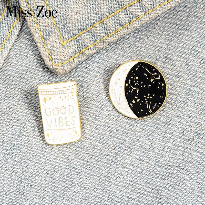 

Miss Zoe GOOD VIBES Enamel Pins constellation Starry Night Brooches Collar Pin Buckle Shirt Star Moon Badge Gift for Kids Friend