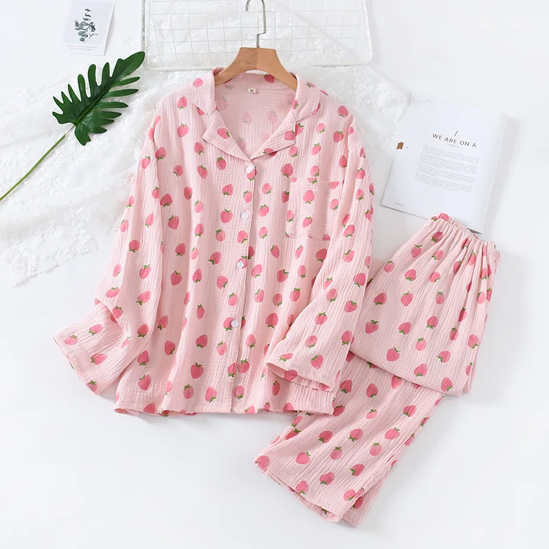 

Women Cotton Pajamas set Gauze Ladies long sleeved trousers set Strawberry Printed Cute Home Clothes Pyjamas set pjs women