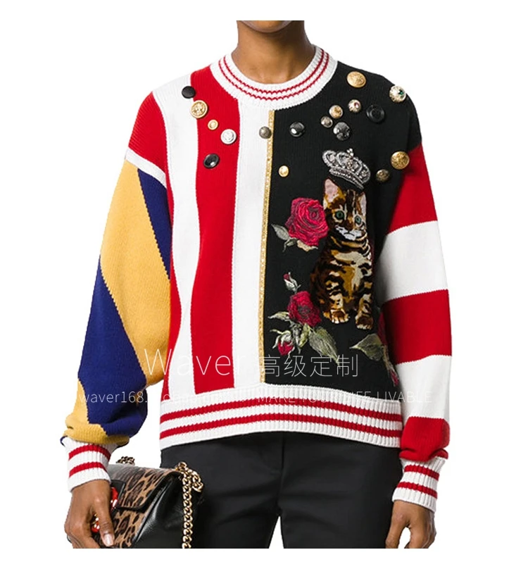 Autumn Winter Runway Designer Rose Flower Embroidery Buttons Knitted Sweater 2020 Streetwear Loose Casual Pullover | Женская одежда