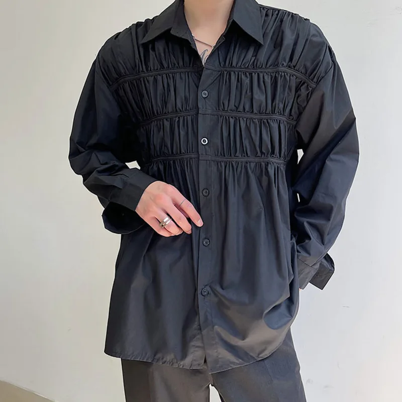 

2021 Autumn New Turn-down Collar Long Sleeve Shirt For Men Single Pocket Loose Casual Japan Style Tops Pleated Shirt Clothing