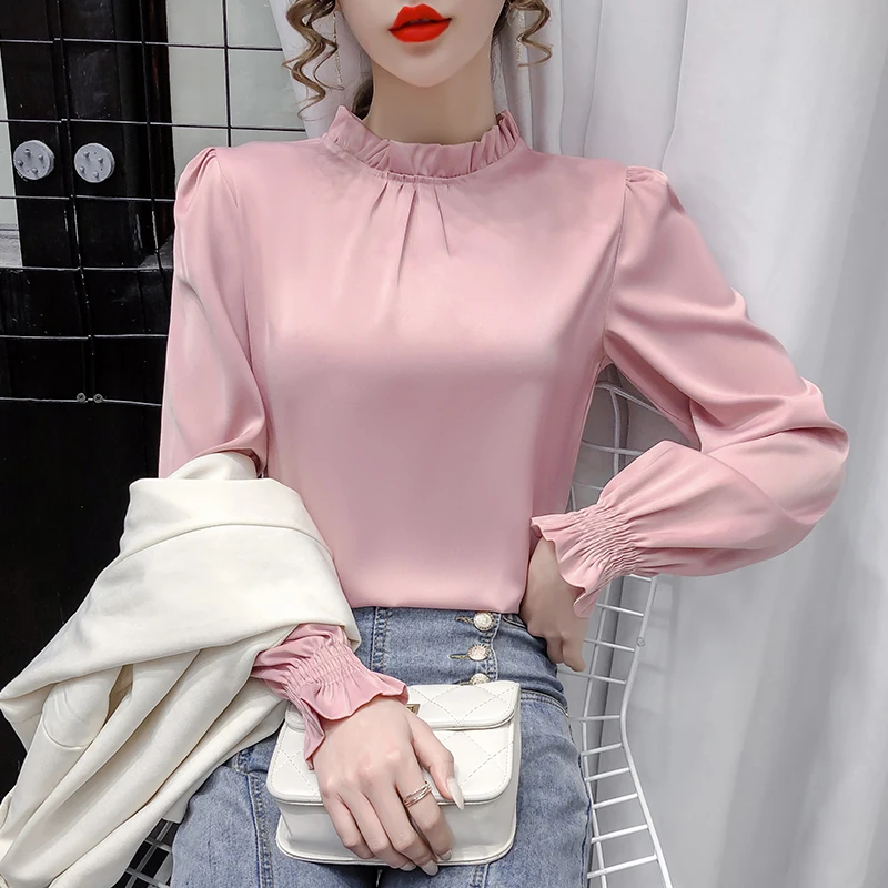 

Fashion women's tops 2021 spring new all-match bottoming shirt temperament stand-up collar long-sleeved shirt